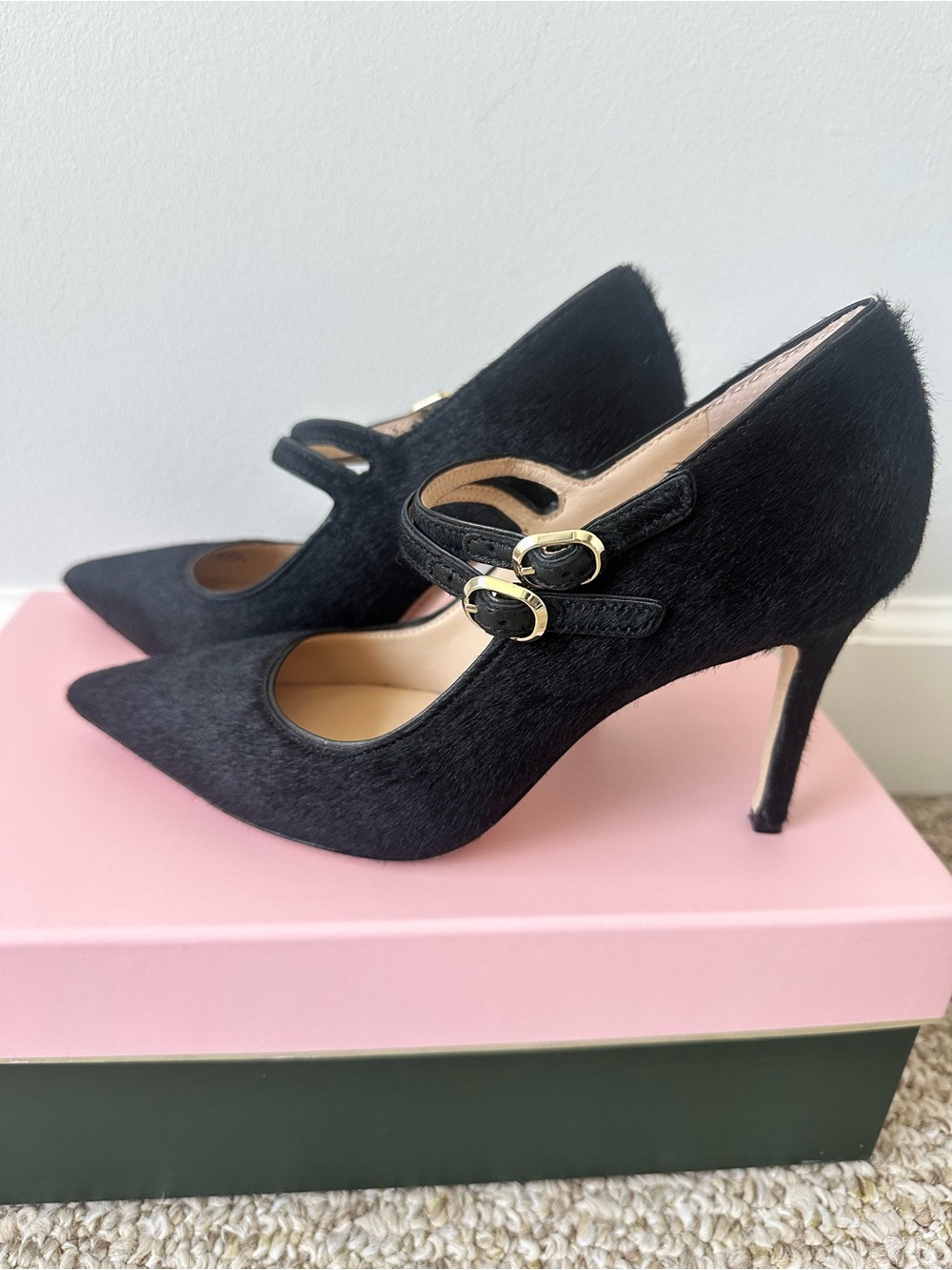 kate spade Black Pointed-Toe Mary Jane Stiletto Pumps with Gold Buckles